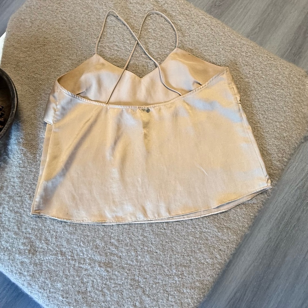 Harlyn Champagne Satin Ruffle Cami | Boho Chic Cross-Back Tank - Size LP - Picture 4 of 7